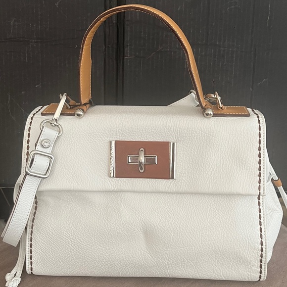 Plinio Visona Handbag. All White Italian Leather Bag with Brown Leather Trim. - Picture 2 of 13